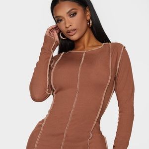 PLT Shape Chocolate Brown Rib Overlock Seam Detail Bodycon Dress